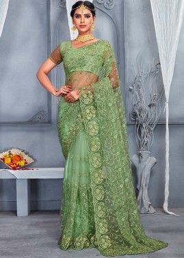 Green Net Saree In Zari Embroidery