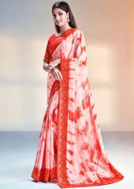 Off White And Orange Printed Saree With Blouse