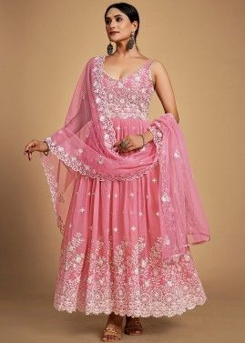 Pink Readymade Anarkali Style Suit Set