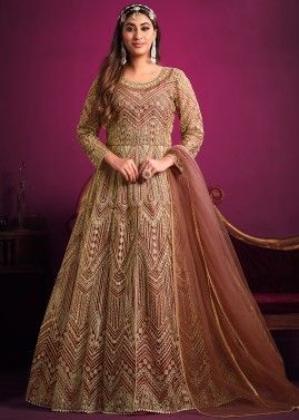 Brown Embroidered Net Slit Style Suit Set