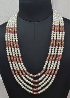 Pink & White Bead Studded Layered Kantha Mala