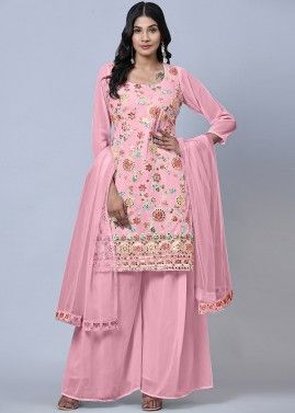 Pink Straigth Cut Palazzo Suit In Net
