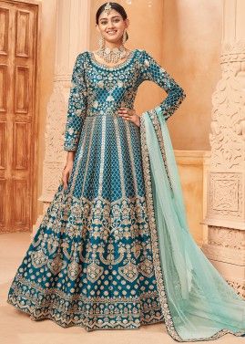 Blue Embroidered Anarkali Suit In Art Silk