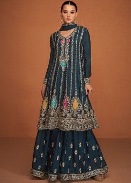 Blue Embroidered Flared Style Gharara Suit Set