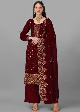 Maroon Embroidered Palazzo Suit In Georgette