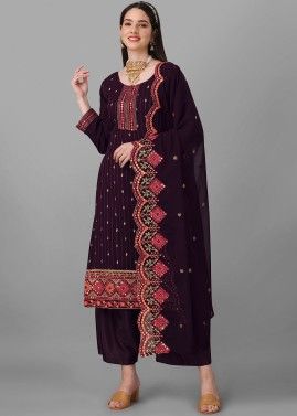 Purple Embroidered Georgette Palazzo Suit Set