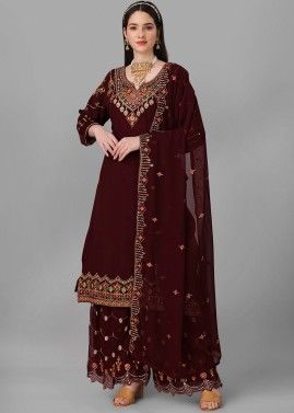 Maroon Georgette Embroiered Palazzo Suit Set
