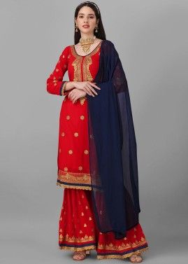 Red Embroidered Sharara Suit In Georgette
