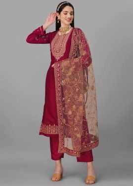 Pink Embroidered Silk Pant Suit Set