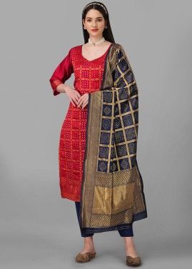 Red Woven Banarasi Silk Pant Suit Set