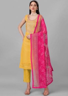 Yellow Zari Embroidered Pant Suit Set