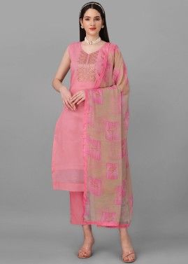 Pink Pant Suit Set With Floral Printed Dupatta