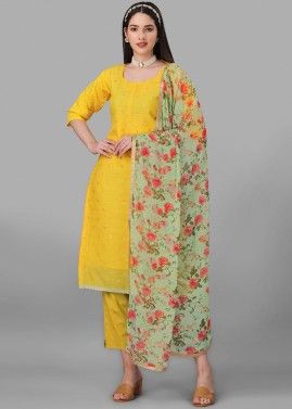 Yellow Sequins Embroidered Pant Suit Set
