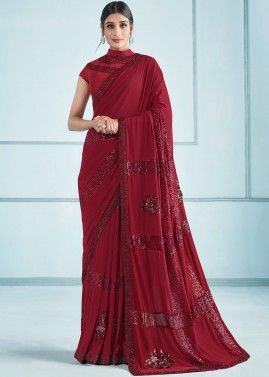 Maroon Embroidered Border Saree In Lycra