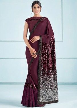 Purple Sequins Embroidered Cocktail Saree In Lycra