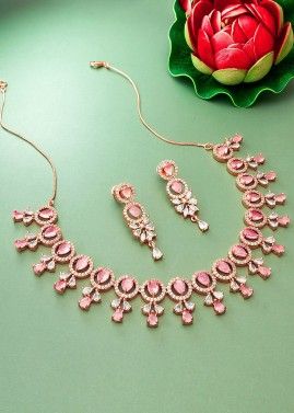 Pink Necklace Set In Studded American Diamond