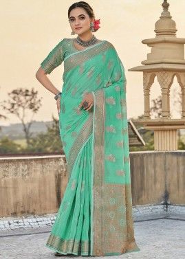 Turquoise Woven Saree In Linen