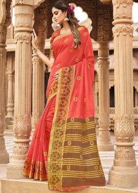 Red Woven Saree In Linen