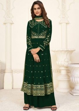 Green Zari Embroidered Palazzo Suit Set In Georgette