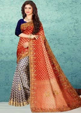 Red And Blue Kanjivaram Silk Half & Half Saree