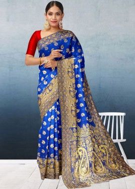 Blue Woven Kanjivaram Silk Saree With Heavy Pallu