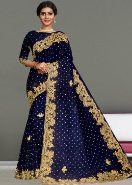Blue Georgette Handwork Embroidered Saree With Blouse
