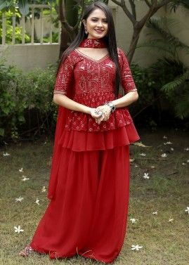 Red Embroidered Peplum Style Sharara Suit Set