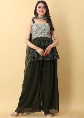 Whte & Green Embroidered Sharara Style Suit