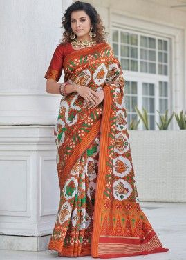 Orange & White Patola Silk Zari Woven Saree