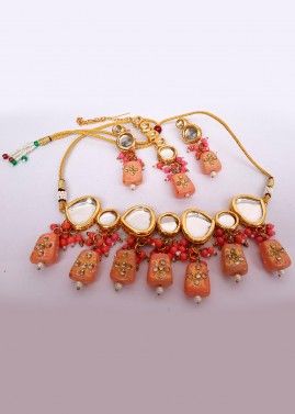 Peach Kundan Studded Choker Necklace Set
