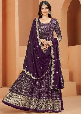 Purple Embroidered Georgette Anarkali Suit Set