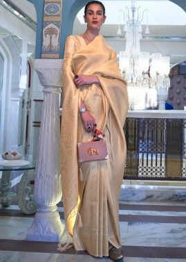 Cream Classic Style Saree In Woven Designs