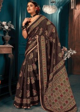 Brown Woven Saree In Cotton