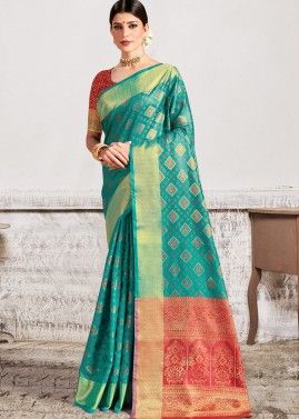 Turquoise Woven Saree In Patola