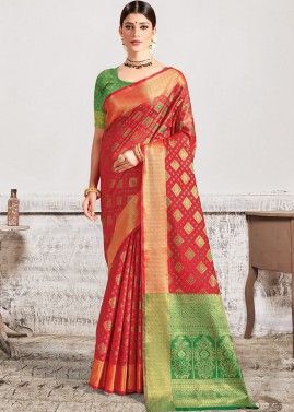 Red Woven Saree In Patola