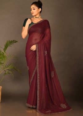 Maroon Shimmer Saree With Embroidered Border