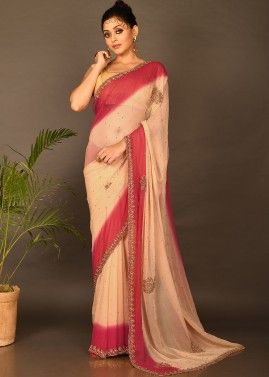 Shaded Beige & Red Embroidered Georgette Saree