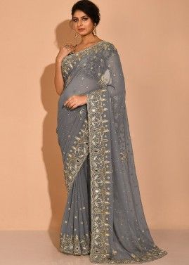 Grey Georgette Saree With Embroidered Border