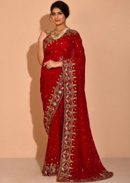 Red Festive Wear Embroidered Georgette Saree