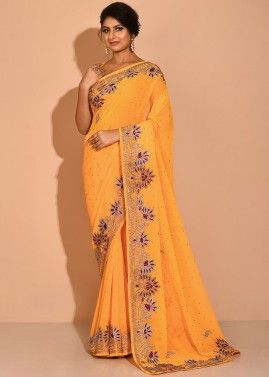 Yellow Georgette Saree With Stone Work