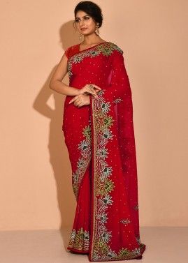 Red Embroidered Border Wedding Saree