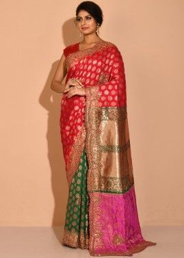Red & Green Half N Half Woven Kanjivaram Silk Saree
