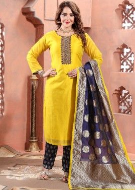 Yellow Embroidered Pant Suit Set In Chanderi Silk 
