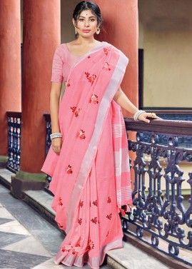 Pink Woven Saree In Linen