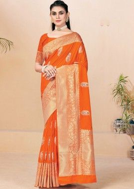 Orange Woven Saree In Banarasi Silk