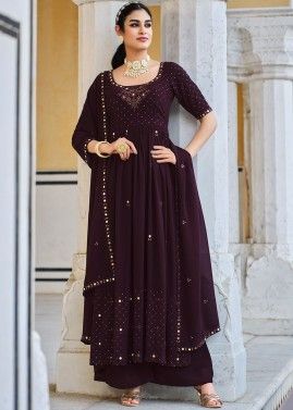 Purple Readymade Embroidered Palazzo Suit Set