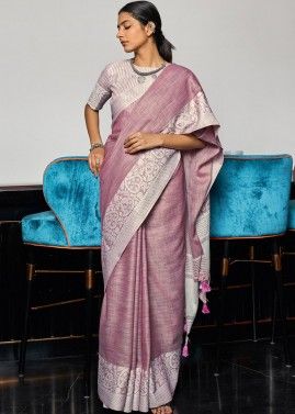 Pink Plain Saree In Linen
