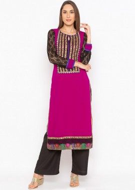 Pink Georgette Embroidered Long Kurta