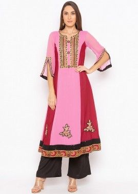 Pink and Red Georgette Embroidered Long Kurta