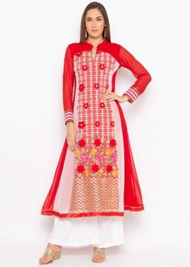 Red Georgette Embroidered Long Kurta